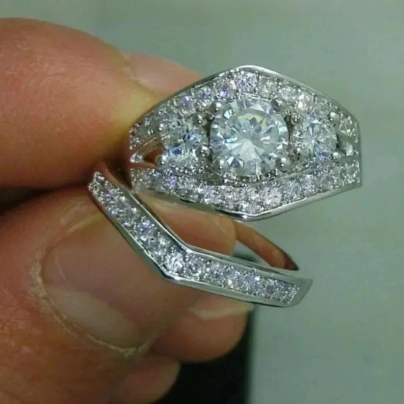 "2 pcs 925 Sterling Silver Plated Retro Carved Luxury Fashion RingSet, U… - Picture 5 of 5